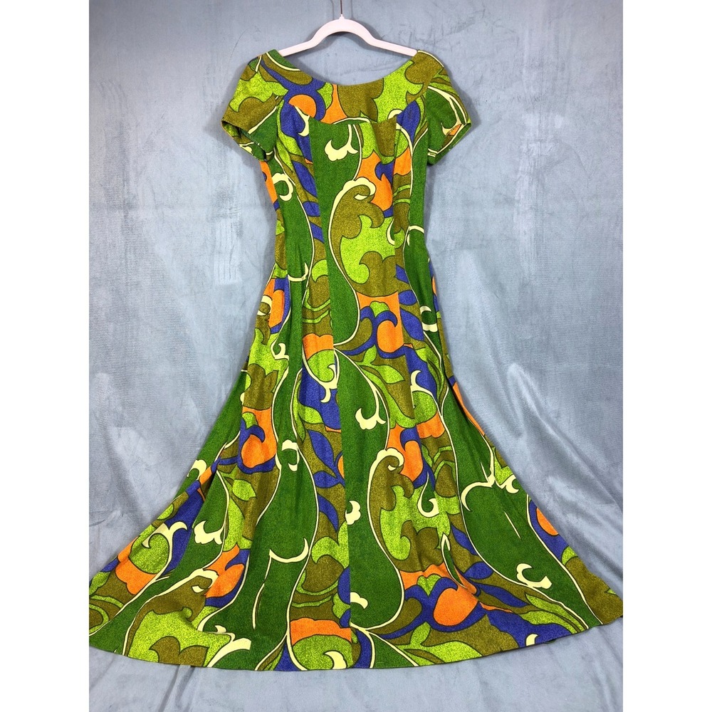 Vtg Ui Maikai Hawaiian Maxi Dress w/ Train Barkcloth 60s 70s Mod MCM Floral   S